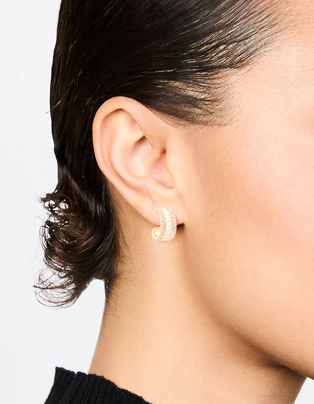 Gold Plated Cubic Zirconia Baguette Small Hoop Earrings - Image 2