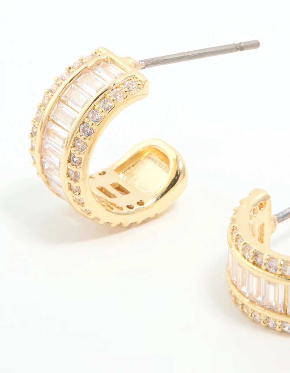 Gold Plated Cubic Zirconia Baguette Small Hoop Earrings - Image 4