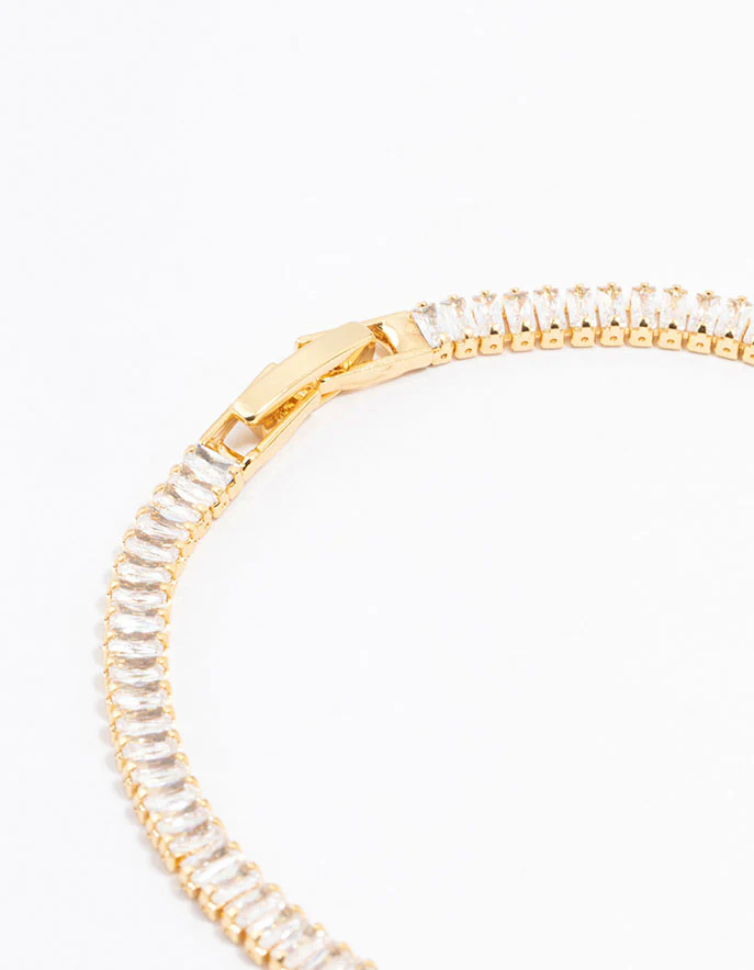 Gold Plated Cubic Zirconia Baguette Tennis Bangle - Image 3