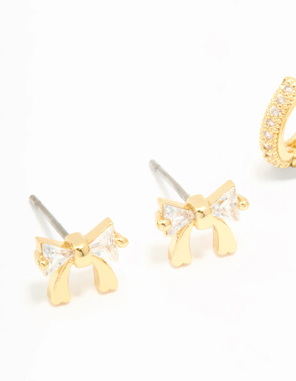 Gold Plated Cubic Zirconia Bow Studs & Hoop Earrings Pack - Image 4