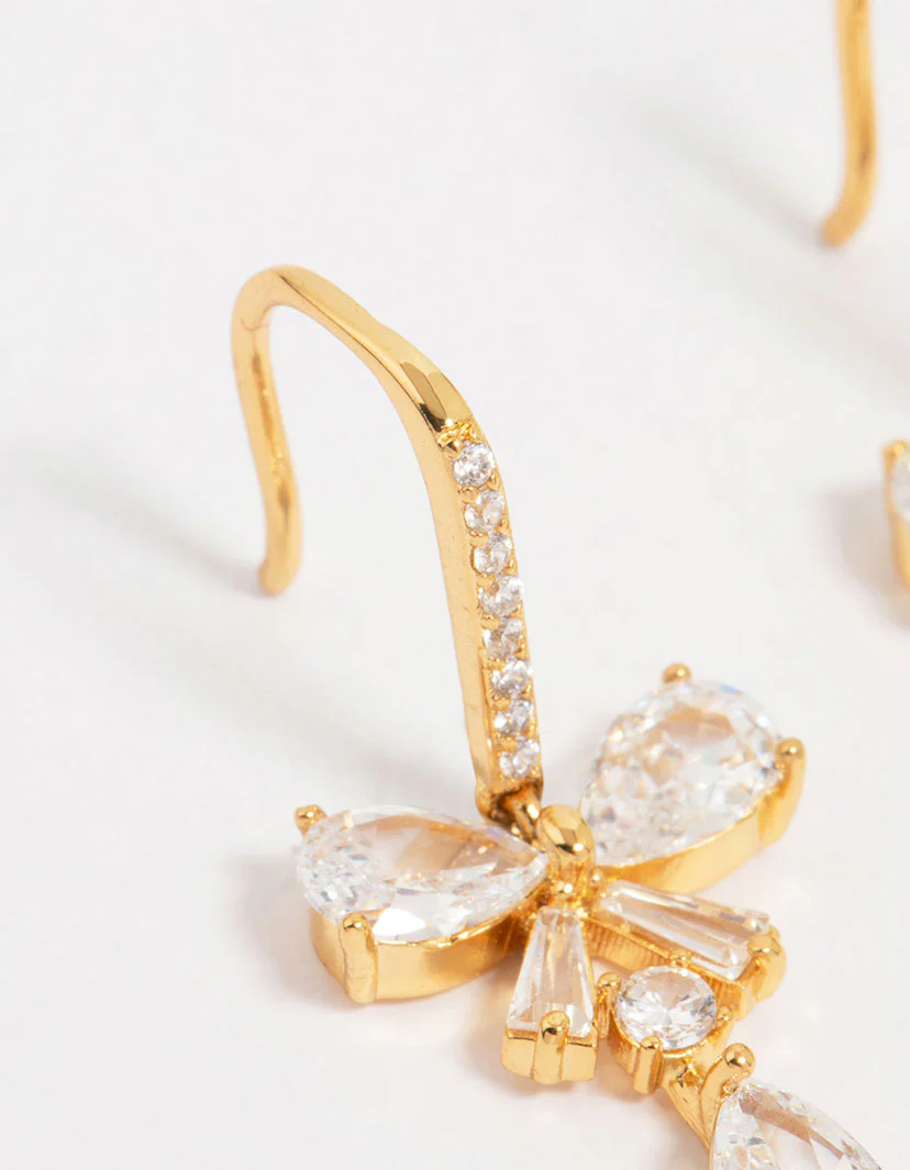 Gold Plated Cubic Zirconia Bow Teardrop Earrings - Image 2