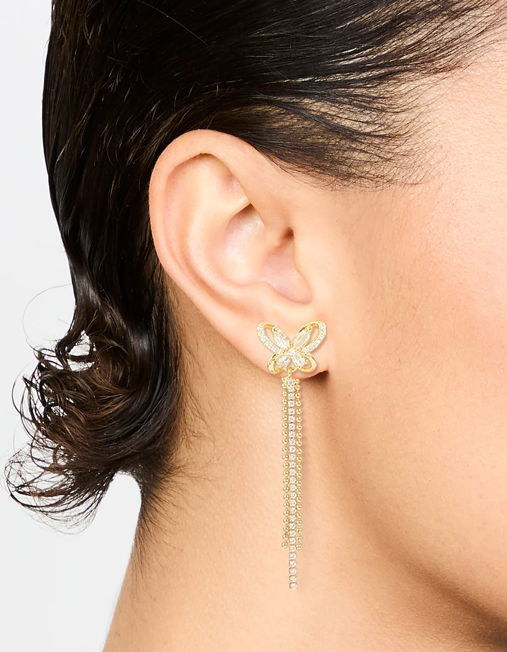 Gold Plated Cubic Zirconia Butterfly Drop Earrings - Image 2