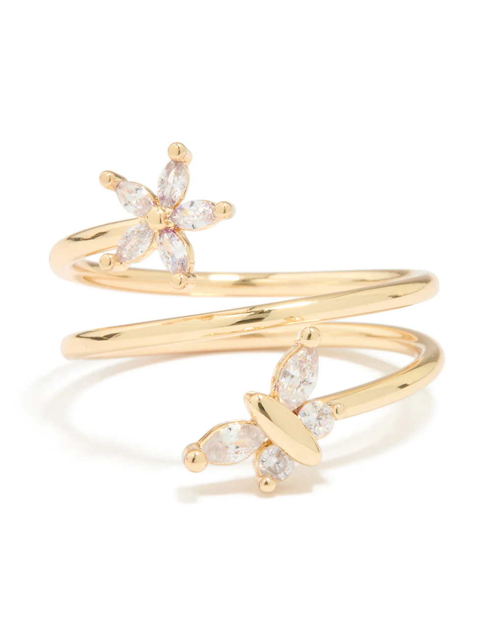 Gold Plated Cubic Zirconia Butterfly & Flower Ring - Image 3