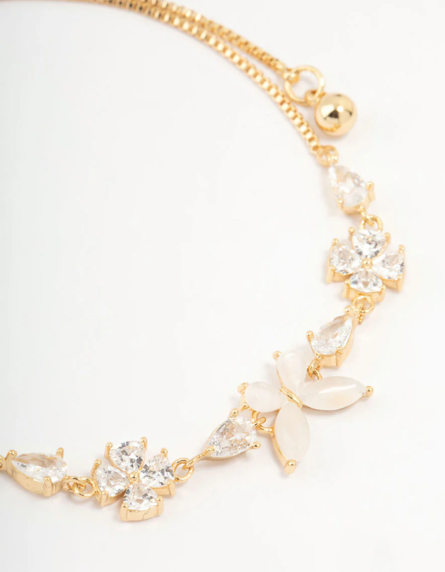 Gold Plated Cubic Zirconia Butterfly & Flower Toggle Bracelet - Image 2