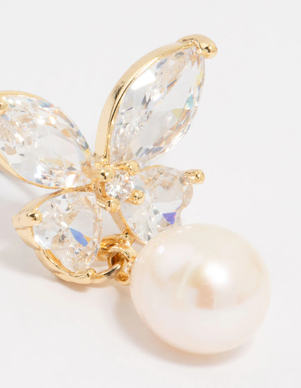 Gold Plated Cubic Zirconia Butterfly Pearl Drop Earrings - Image 5