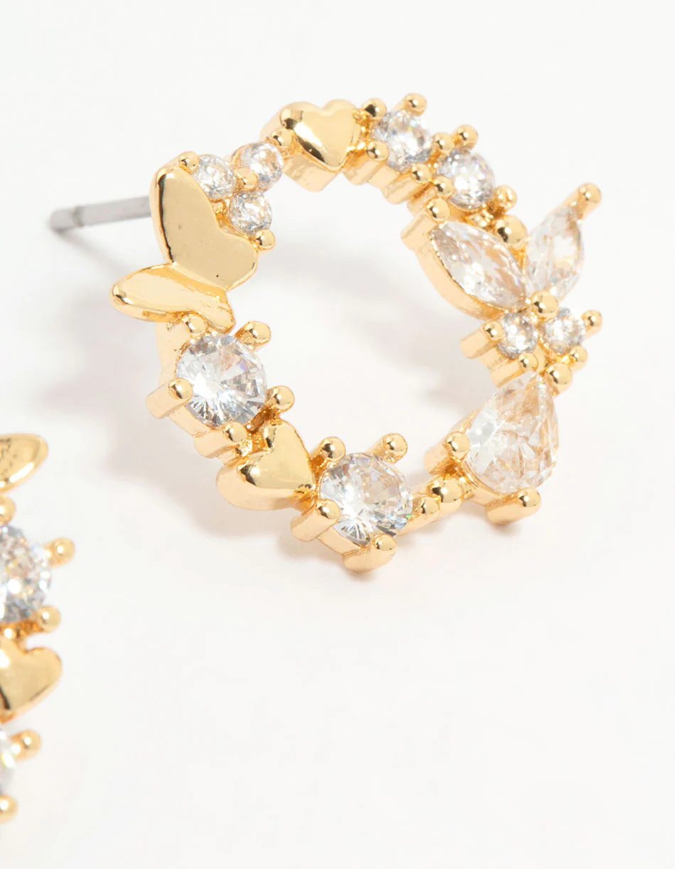 Gold Plated Cubic Zirconia Butterfly Wreath Stud Earrings - Image 5