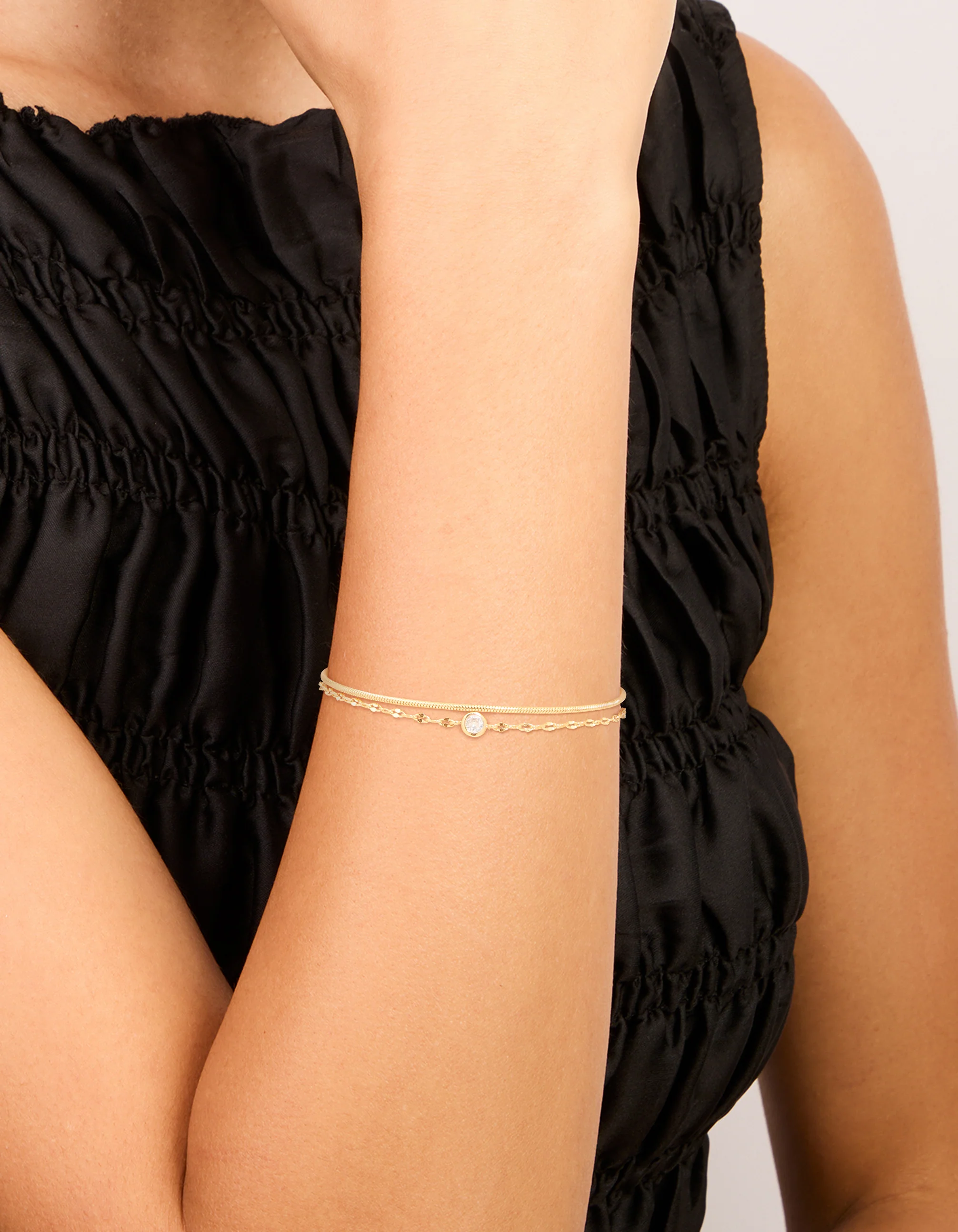 Gold Plated Cubic Zirconia & Chain Layered Bracelet - Image 2