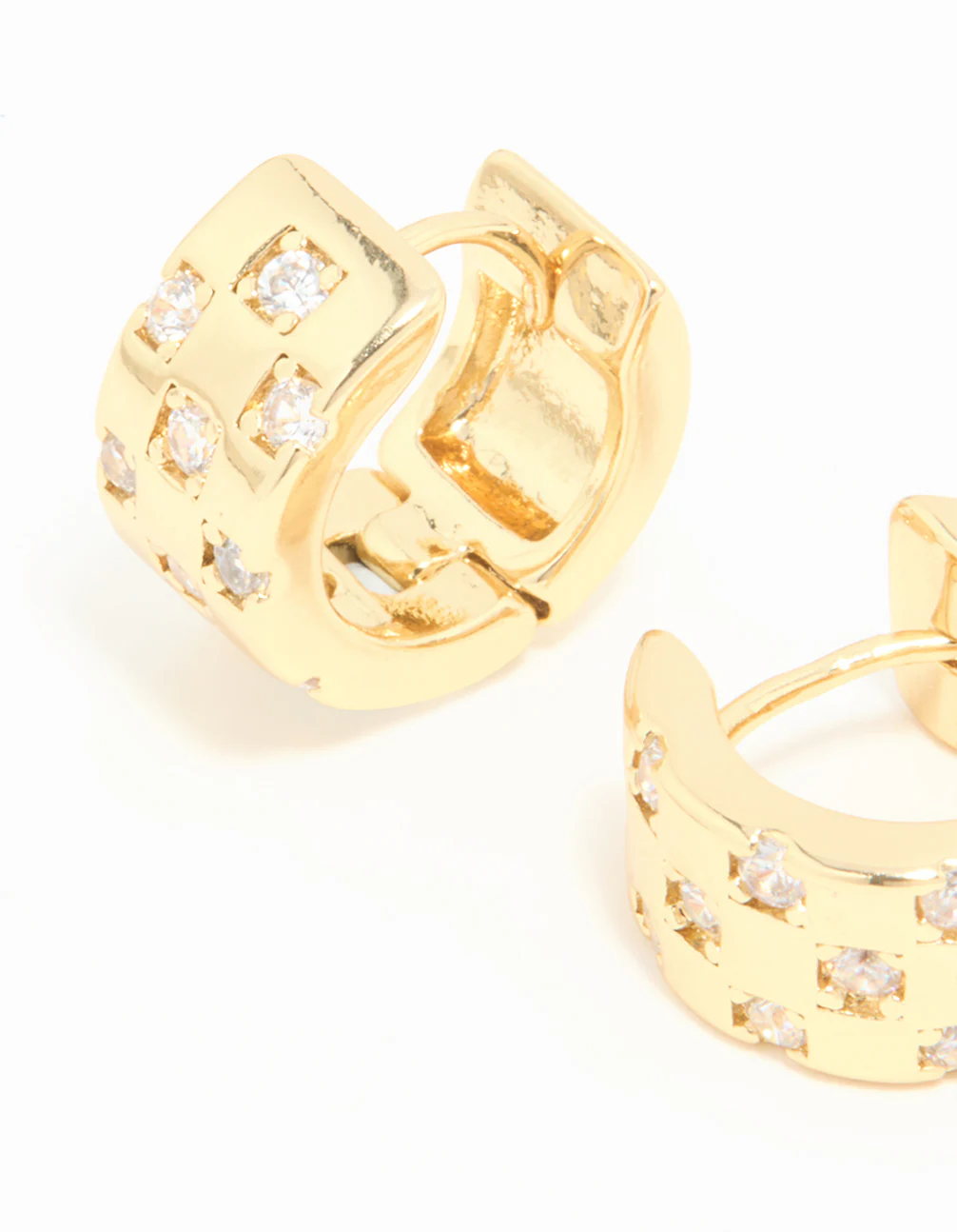 Gold Plated Cubic Zirconia Checkered Mini Hoop Earrings - Image 4