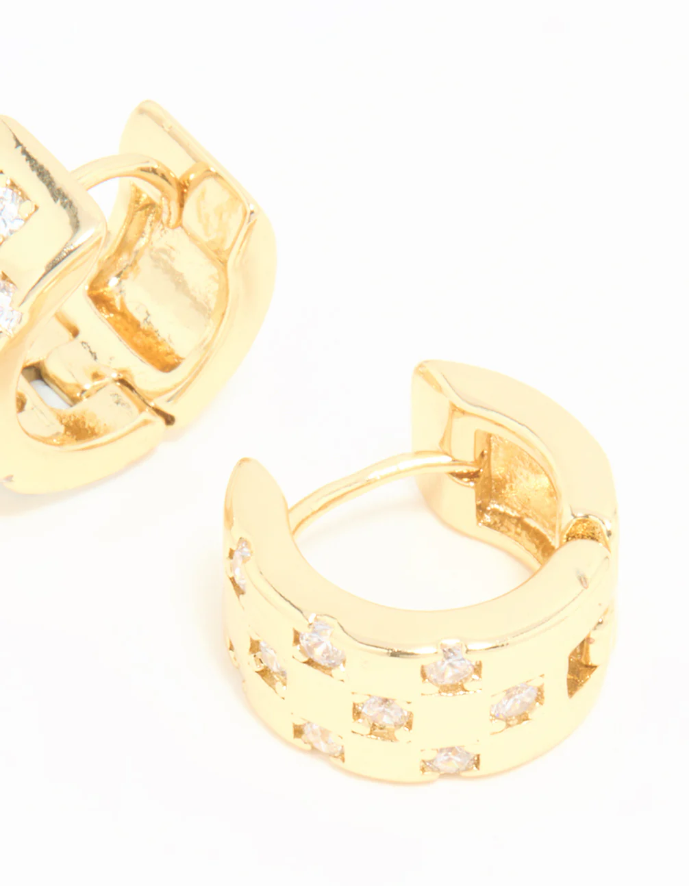 Gold Plated Cubic Zirconia Checkered Mini Hoop Earrings - Image 5