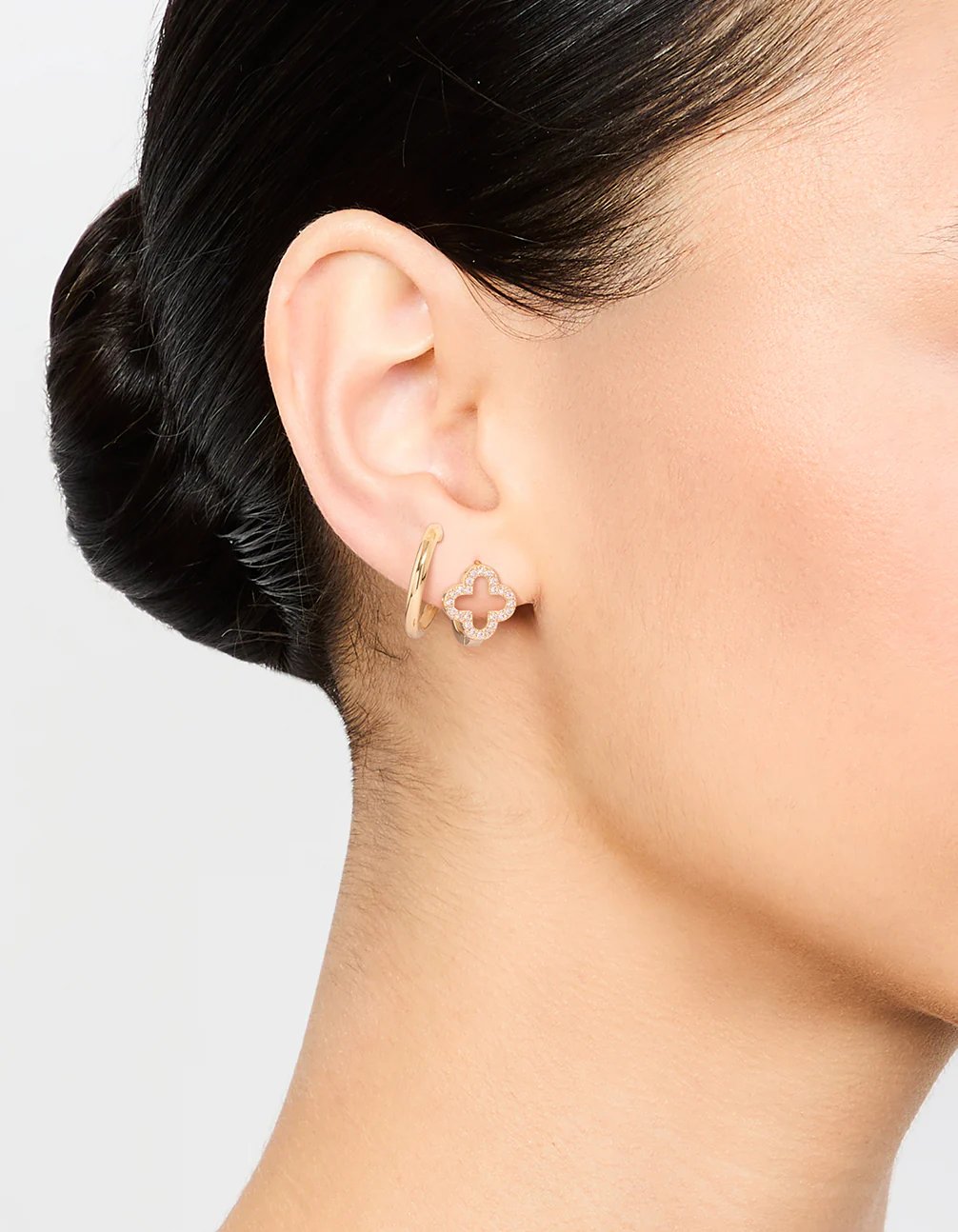 Gold Plated Cubic Zirconia Flower & Plain Huggie Earrings 2-Pack - Image 2