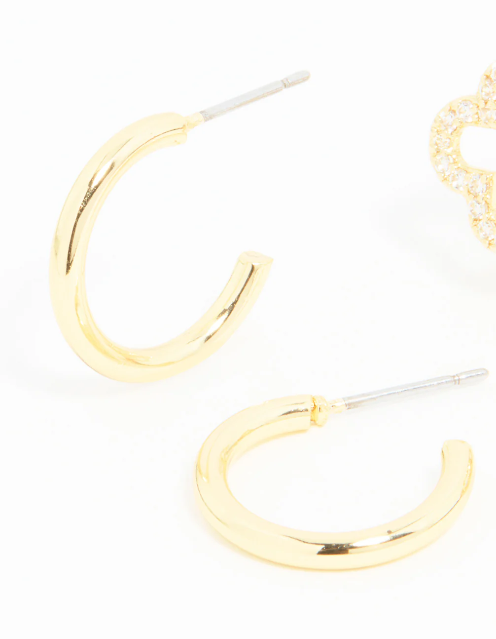 Gold Plated Cubic Zirconia Flower & Plain Huggie Earrings 2-Pack - Image 4