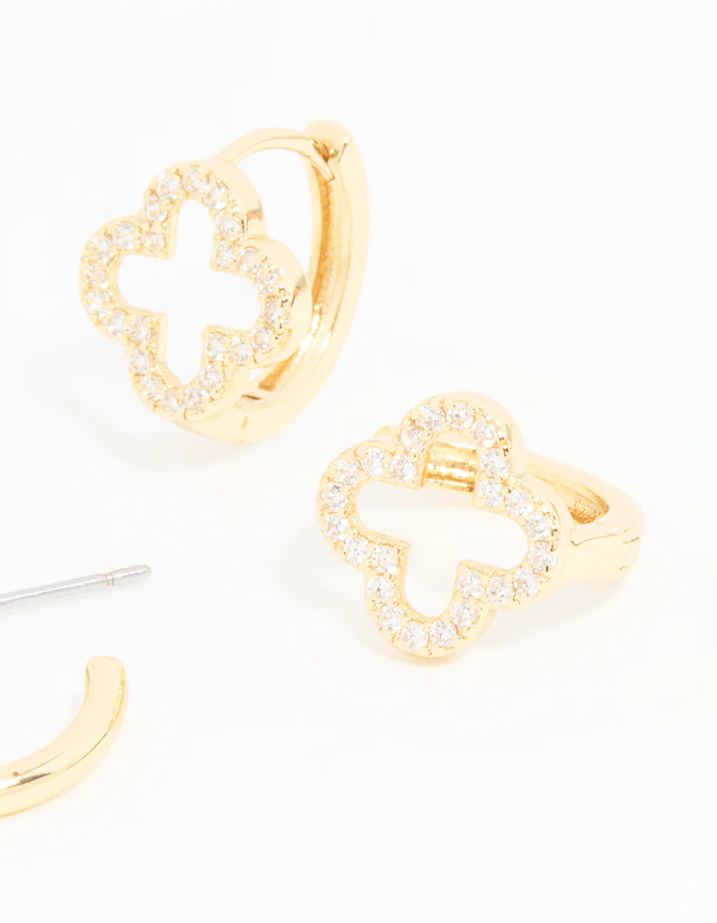 Gold Plated Cubic Zirconia Flower & Plain Huggie Earrings 2-Pack - Image 5