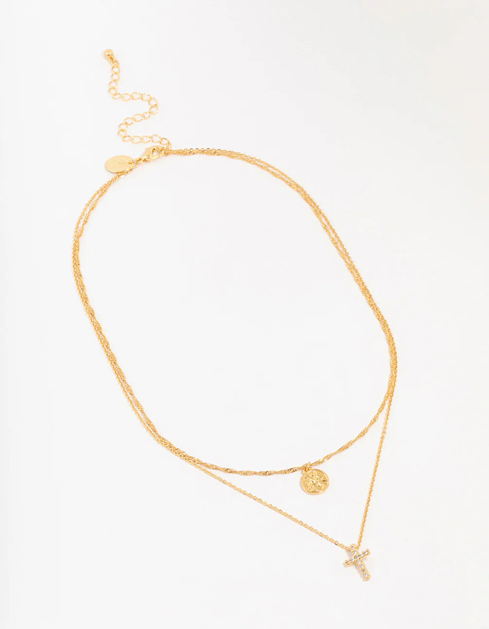 Gold Plated Brass Cubic Zirconia Cross Coin Layered Necklace - Image 2