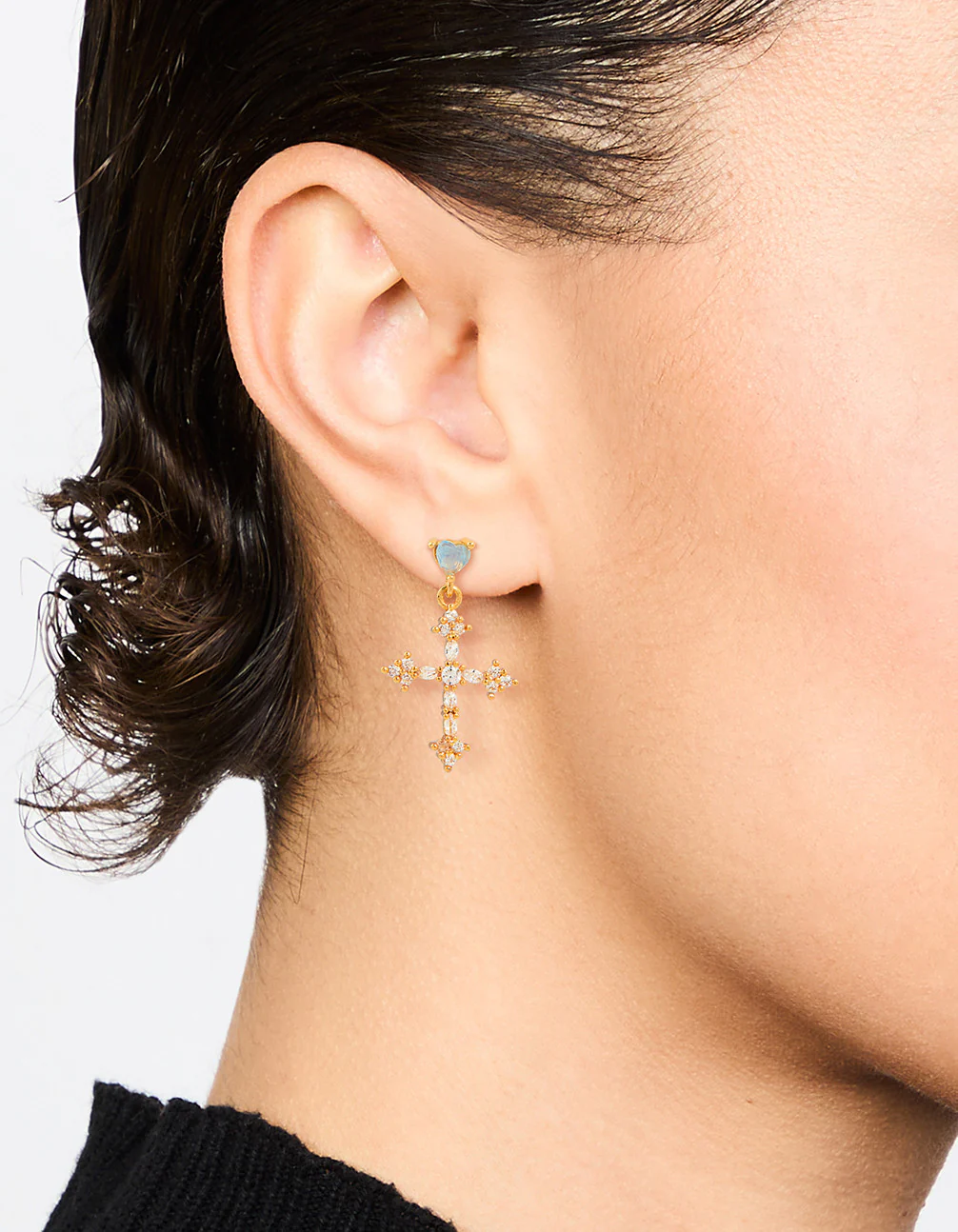 Gold Plated Cubic Zirconia Cross Drop Earrings - Image 2