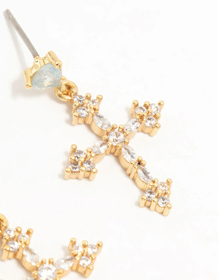 Gold Plated Cubic Zirconia Cross Drop Earrings - Image 5