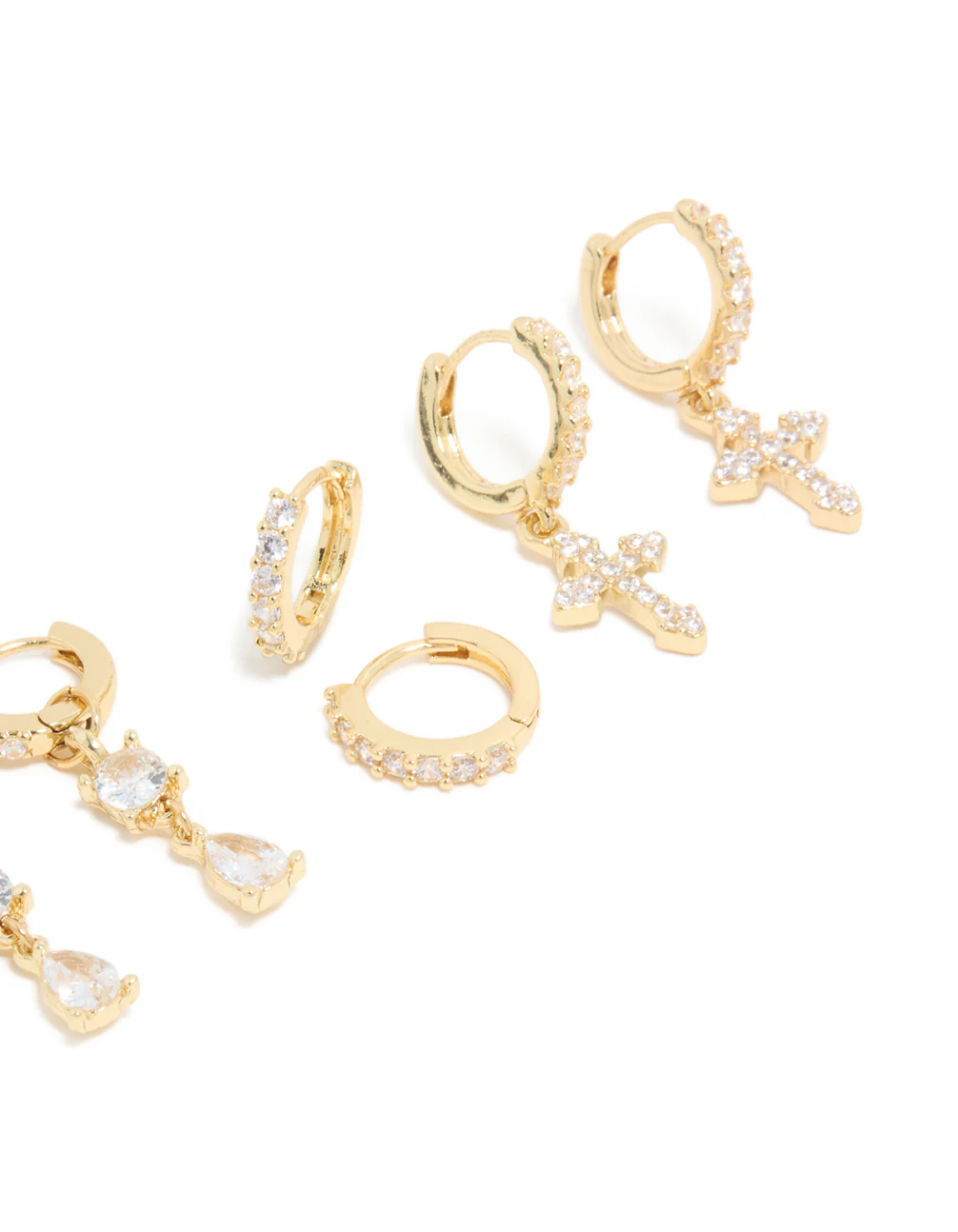 Gold Plated Cubic Zirconia & Cross Drop Huggie Earrings 4-Pack - Image 3
