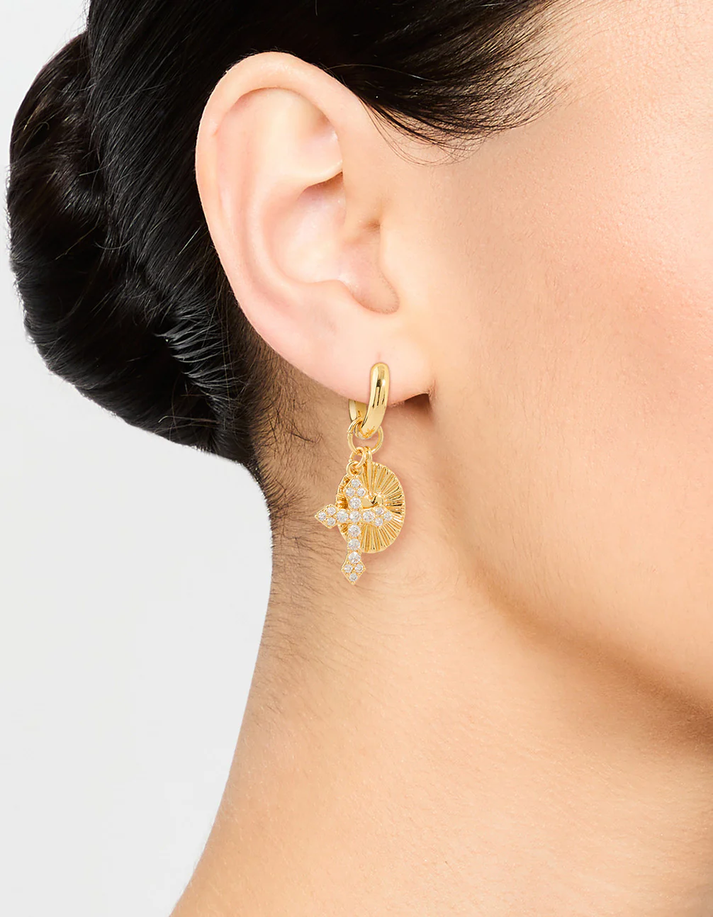 Gold Plated Cubic Zirconia Cross Huggie Earrings - Image 2