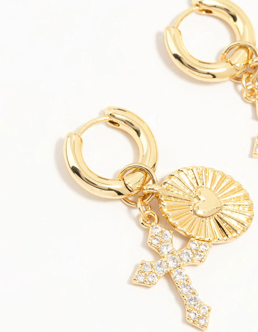 Gold Plated Cubic Zirconia Cross Huggie Earrings - Image 4