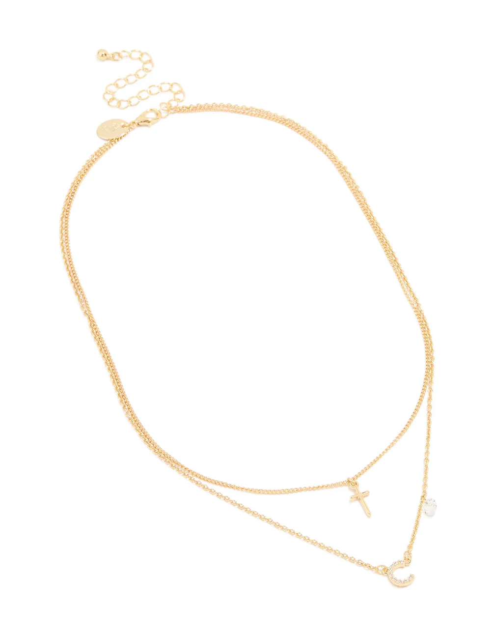 Gold Plated Cubic Zirconia Cross Letter C Layered Necklace - Image 2