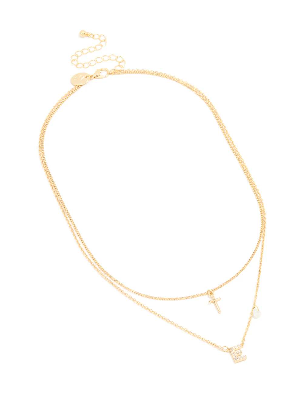 Gold Plated Cubic Zirconia Cross Letter E Layered Necklace - Image 2