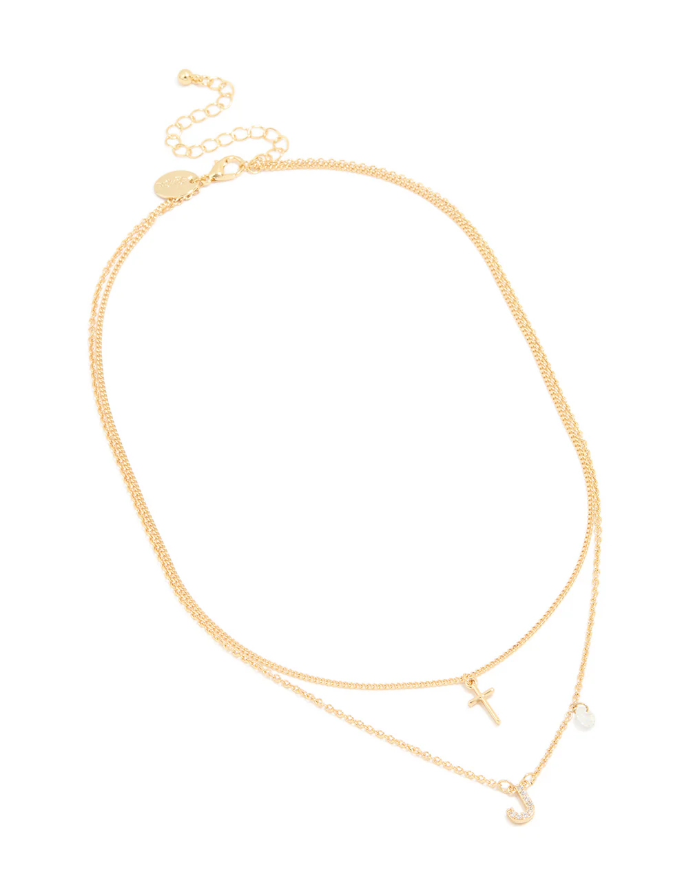 Gold Plated Cubic Zirconia Cross Letter J Layered Necklace - Image 2