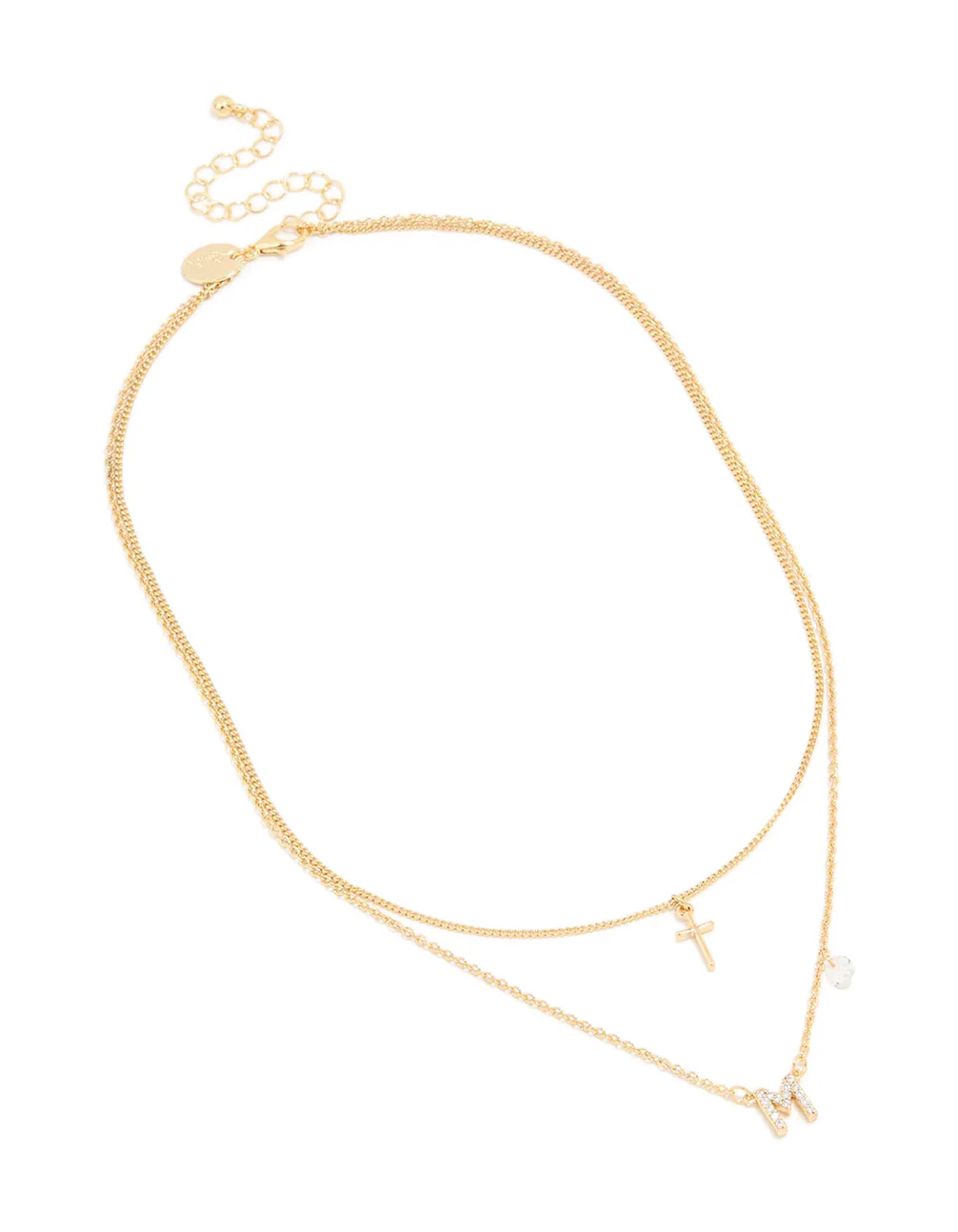 Gold Plated Cubic Zirconia Cross Letter M Layered Necklace - Image 2