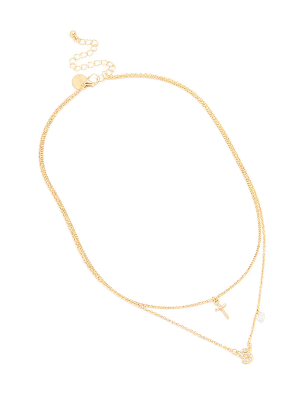 Gold Plated Cubic Zirconia Cross Letter S Layered Necklace - Image 2