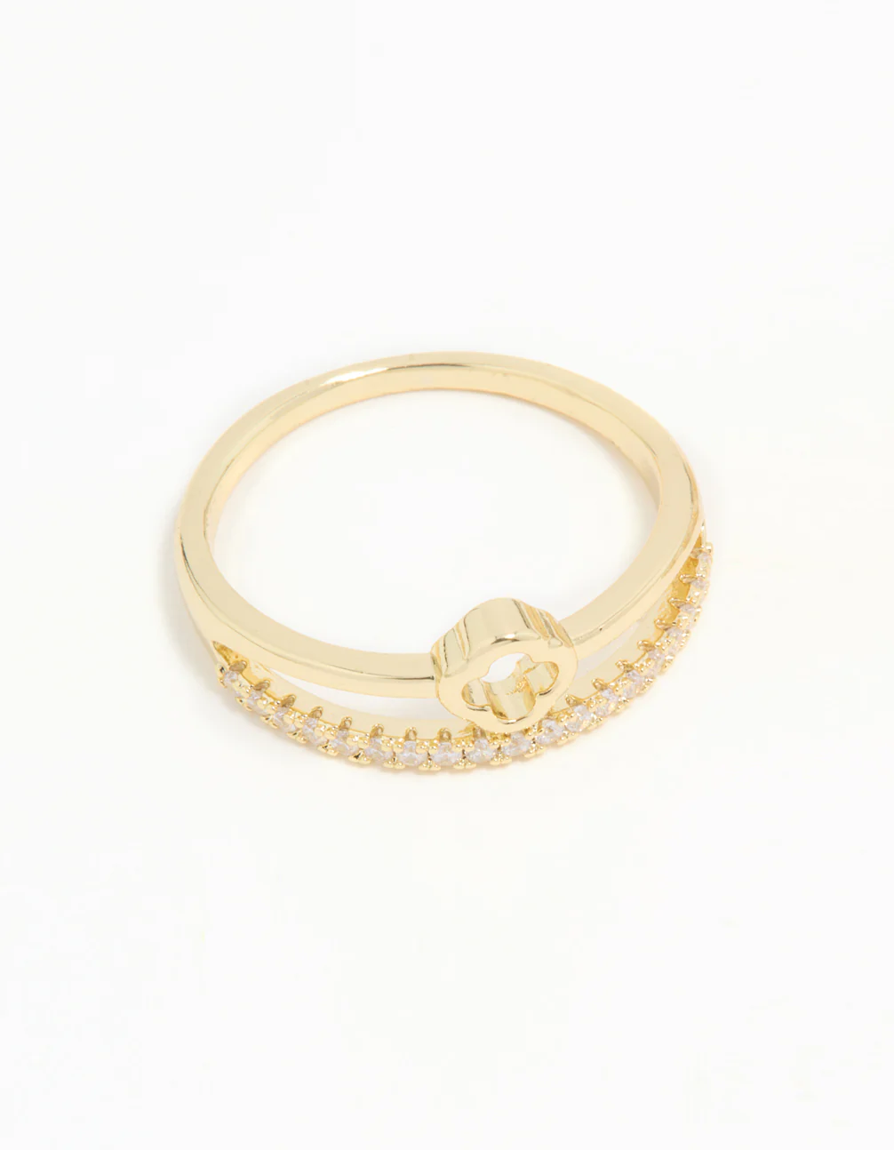 Gold Plated Cubic Zirconia Dainty Stacked Flower & Band Rings 2-Pack - Image 2
