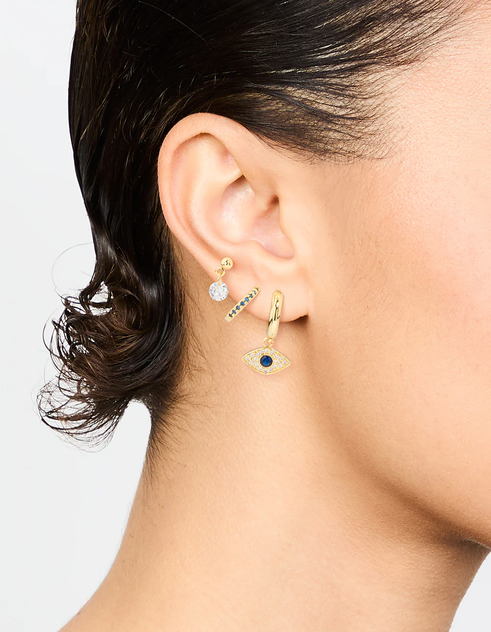 Gold Plated Cubic Zirconia Evil Eye Earrings 3-Pack - Image 2