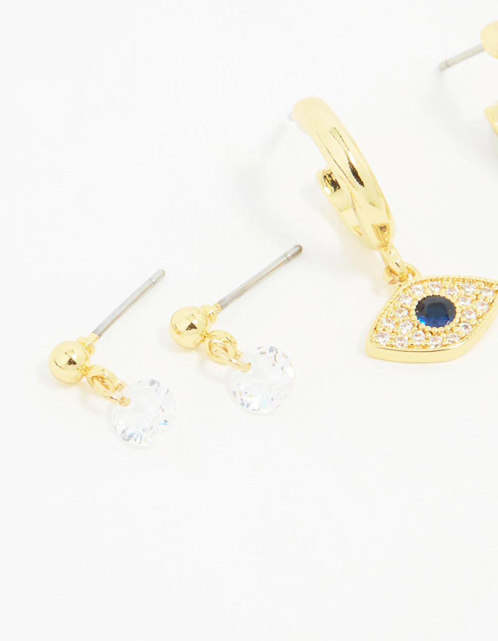 Gold Plated Cubic Zirconia Evil Eye Earrings 3-Pack - Image 4