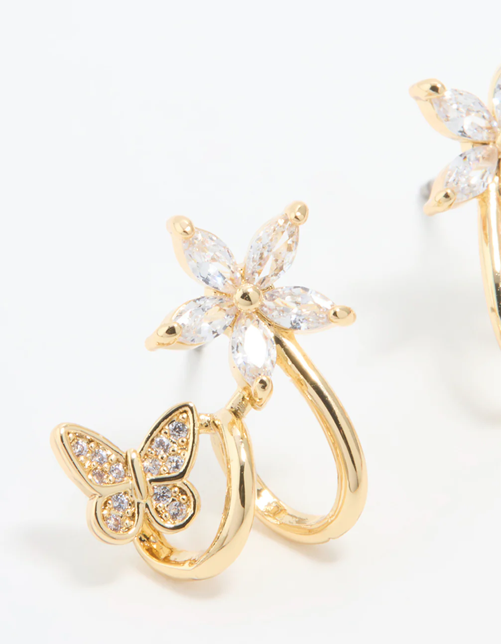Gold Plated Cubic Zirconia Flower Butterfly Ear Jacket Earrings - Image 2