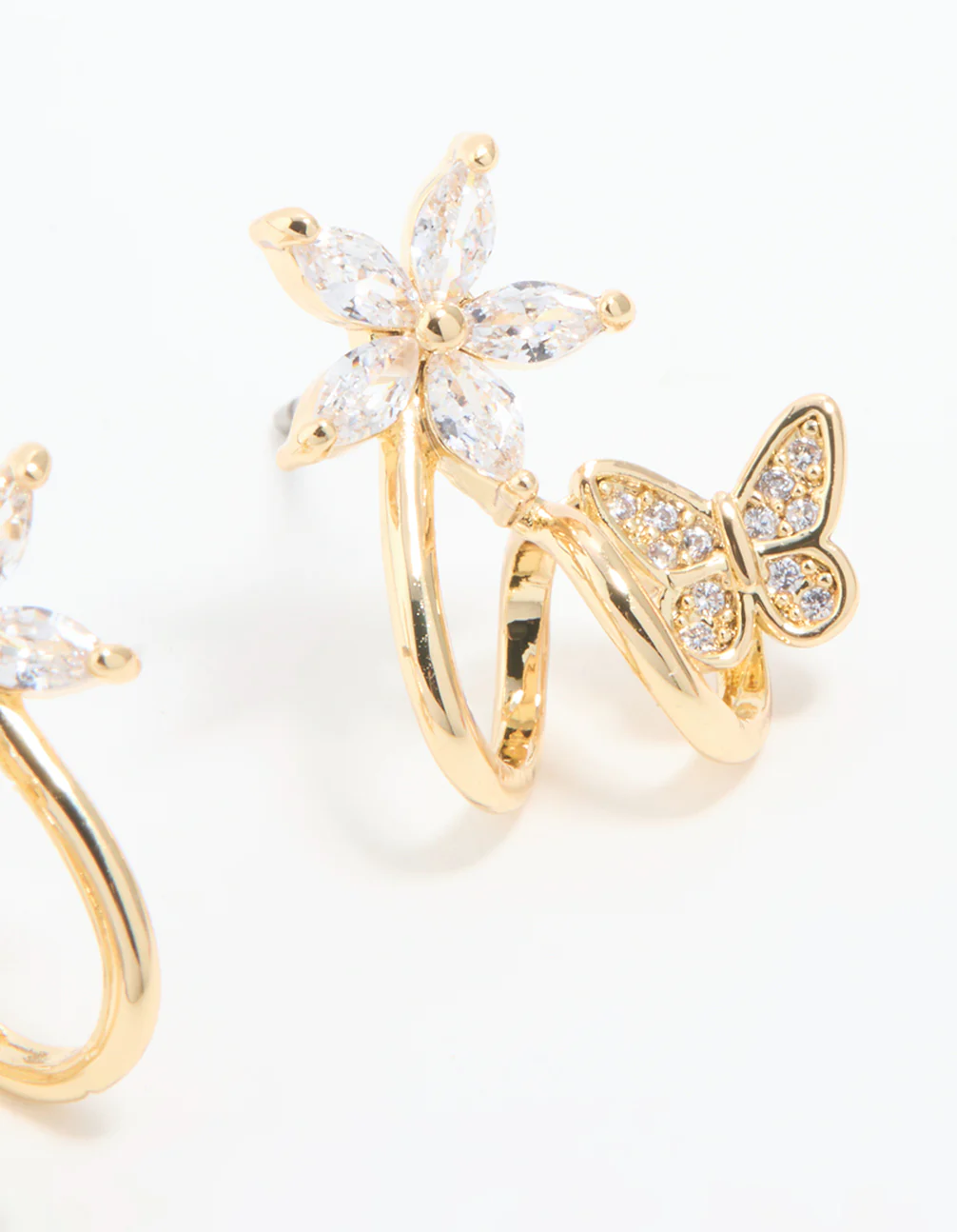 Gold Plated Cubic Zirconia Flower Butterfly Ear Jacket Earrings - Image 3
