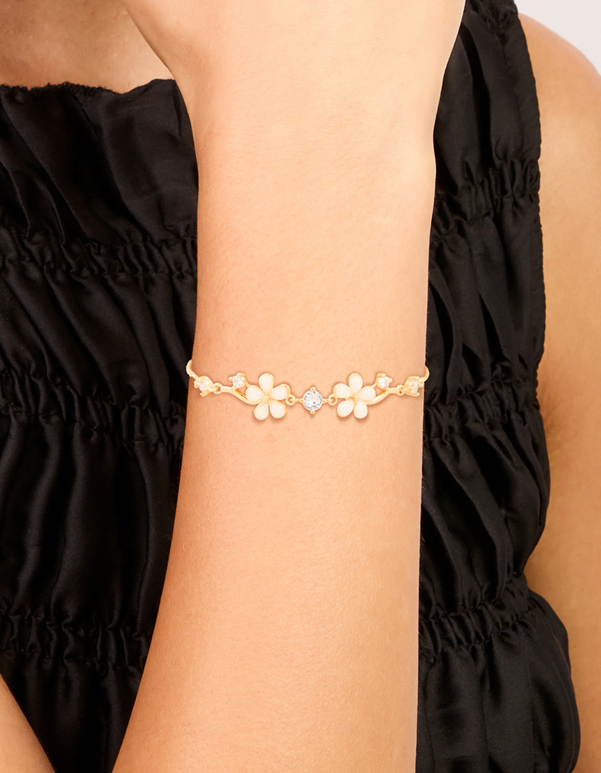 Gold Plated Cubic Zirconia Flower Detail Toggle Bracelet - Image 2