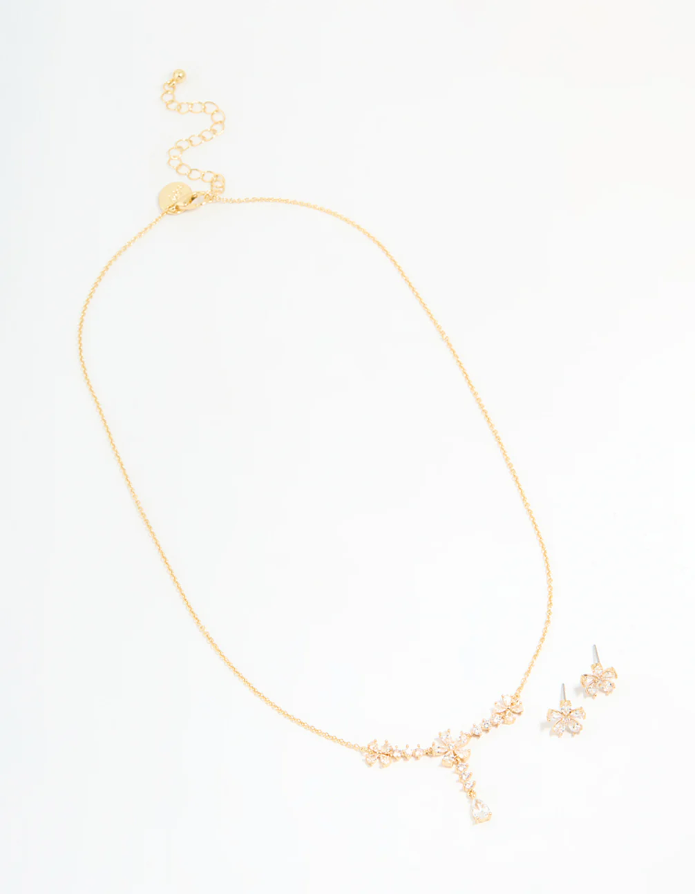 Gold Plated Cubic Zirconia Flower Drop Necklace & Earrings Set - Image 2