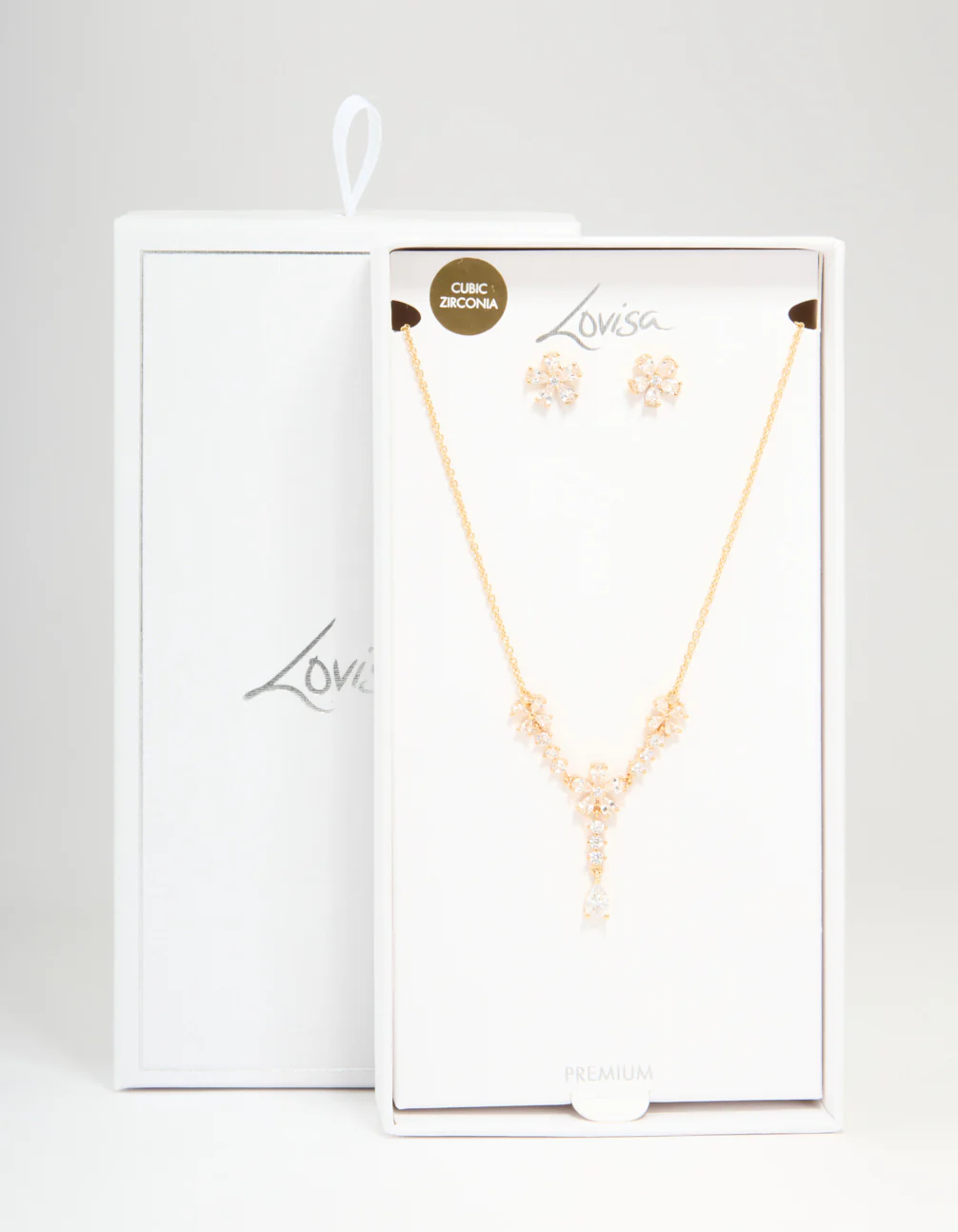 Gold Plated Cubic Zirconia Flower Drop Necklace & Earrings Set - Image 3
