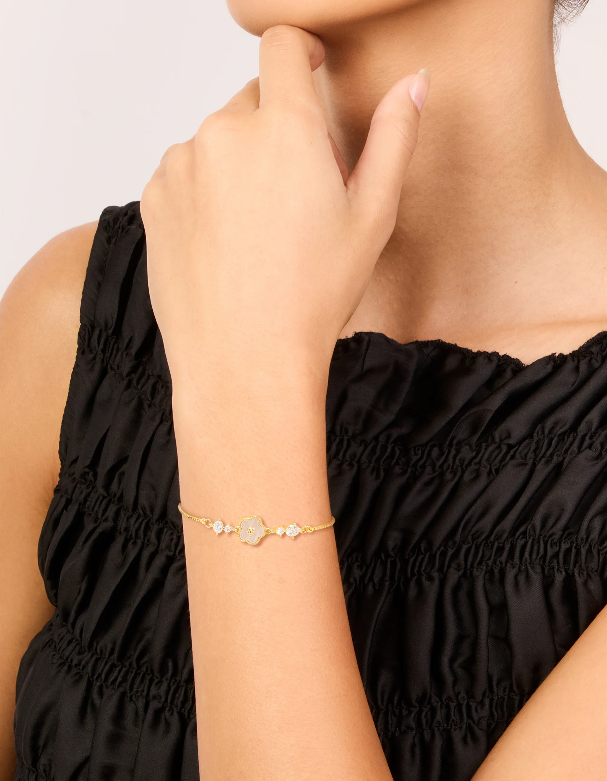 Gold Plated Cubic Zirconia Flower Inlay Toggle Bracelet - Image 2