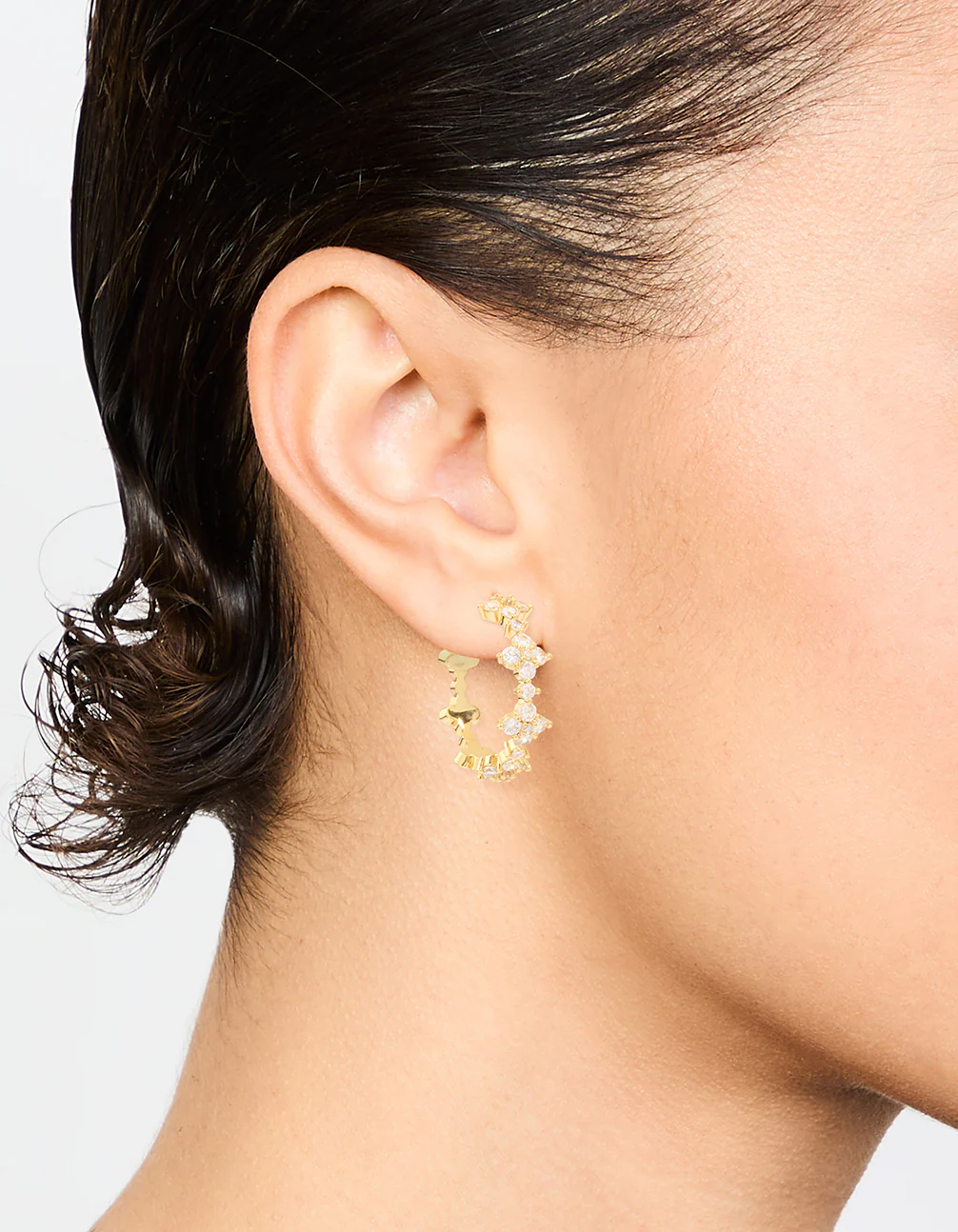 Gold Plated Cubic Zirconia Flower Large Round Hoop Earrings - Image 2