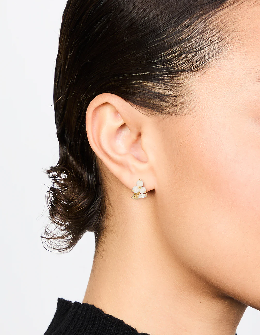 Gold Plated Cubic Zirconia Flower & Leaf Huggie Earrings - Image 2