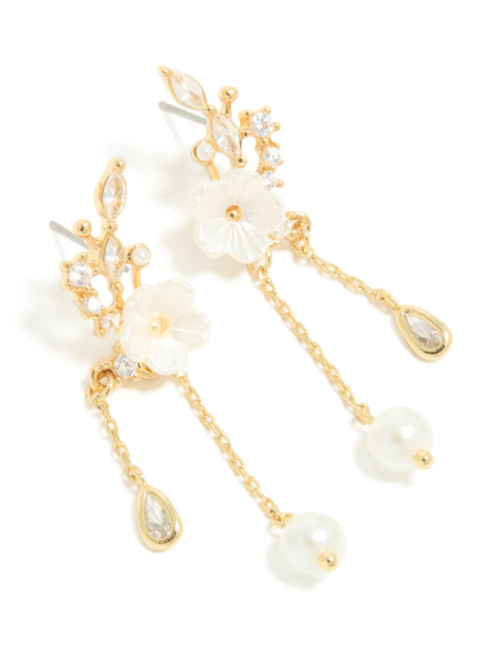 Gold Plated Cubic Zirconia Flower & Leaf Pearl Chain Drop Earrings - Image 2