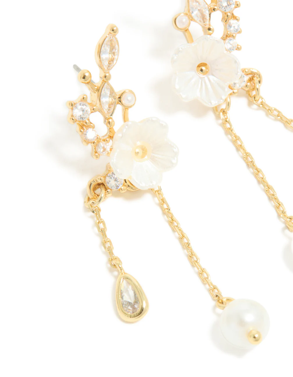 Gold Plated Cubic Zirconia Flower & Leaf Pearl Chain Drop Earrings - Image 4