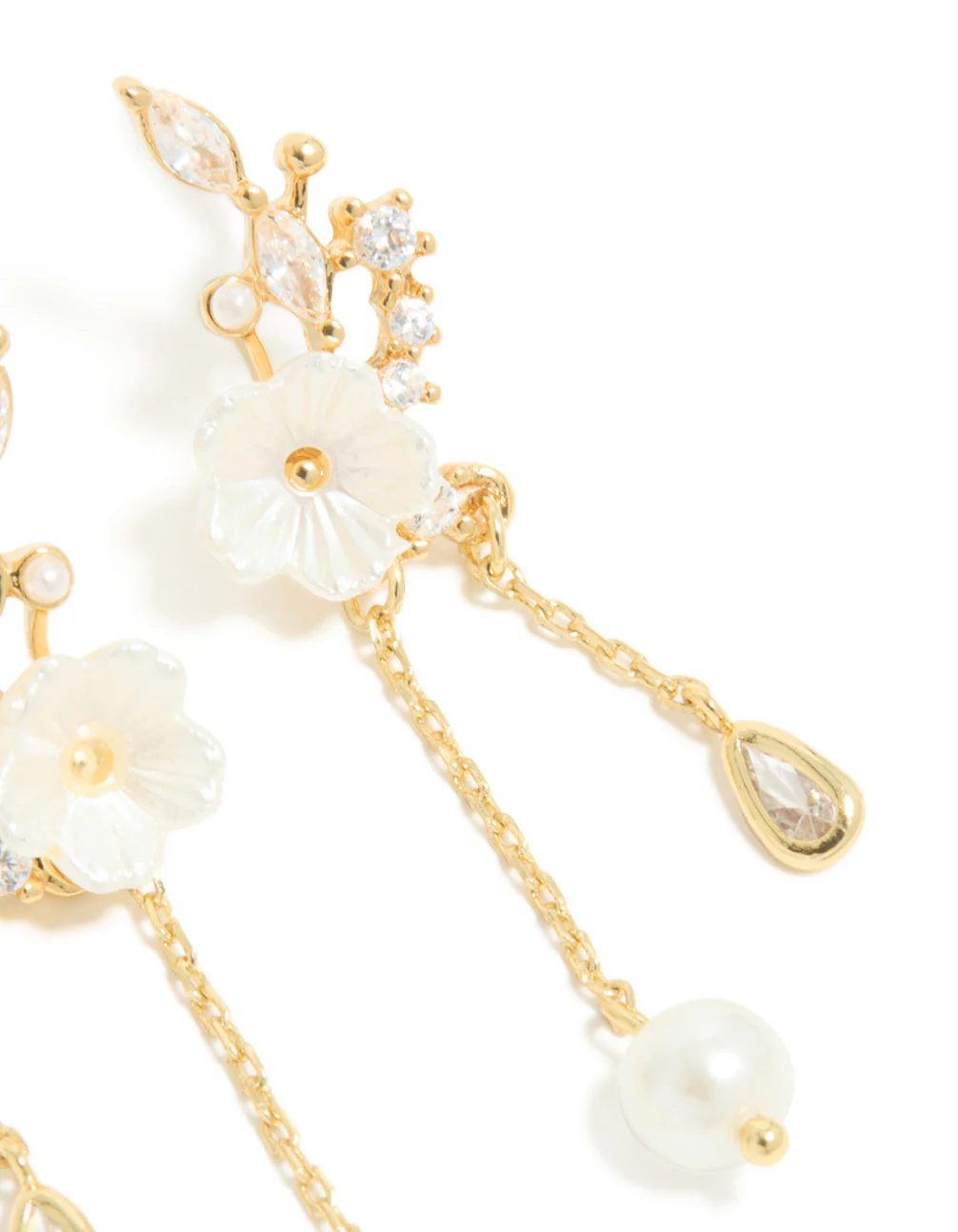 Gold Plated Cubic Zirconia Flower & Leaf Pearl Chain Drop Earrings - Image 5