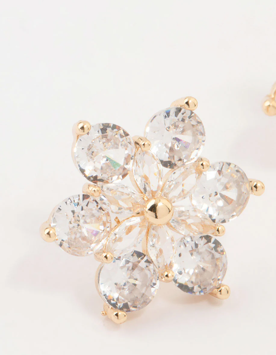 Gold Plated Cubic Zirconia Flower Stud Earrings - Image 4