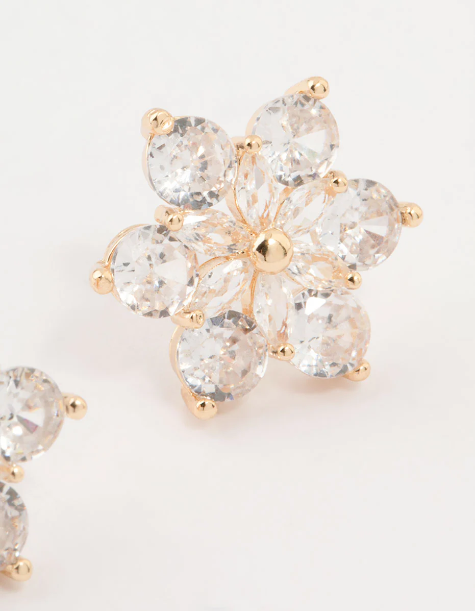Gold Plated Cubic Zirconia Flower Stud Earrings - Image 5