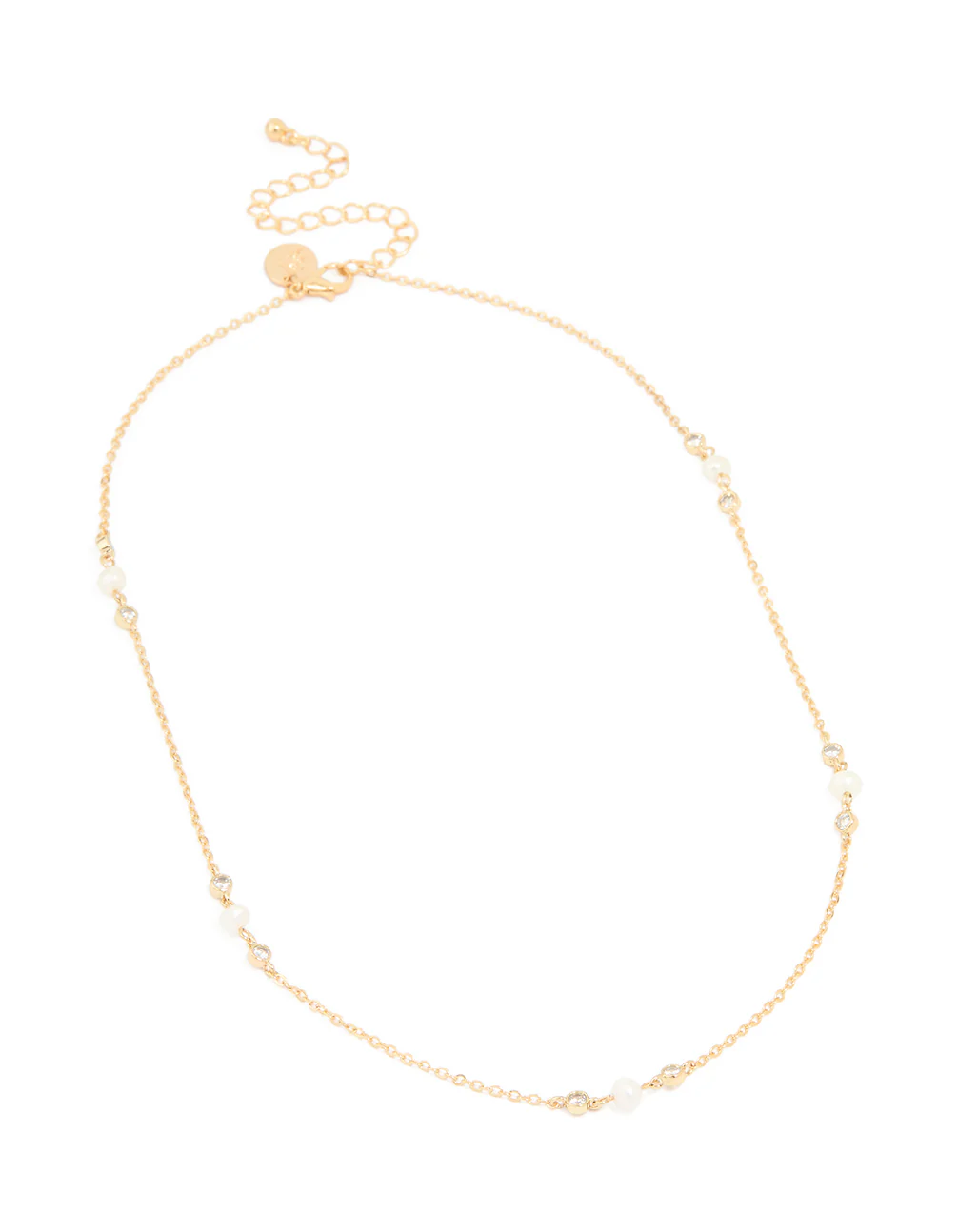 Gold Plated Cubic Zirconia & Freshwater Pearl Dainty Station Necklace - Image 4