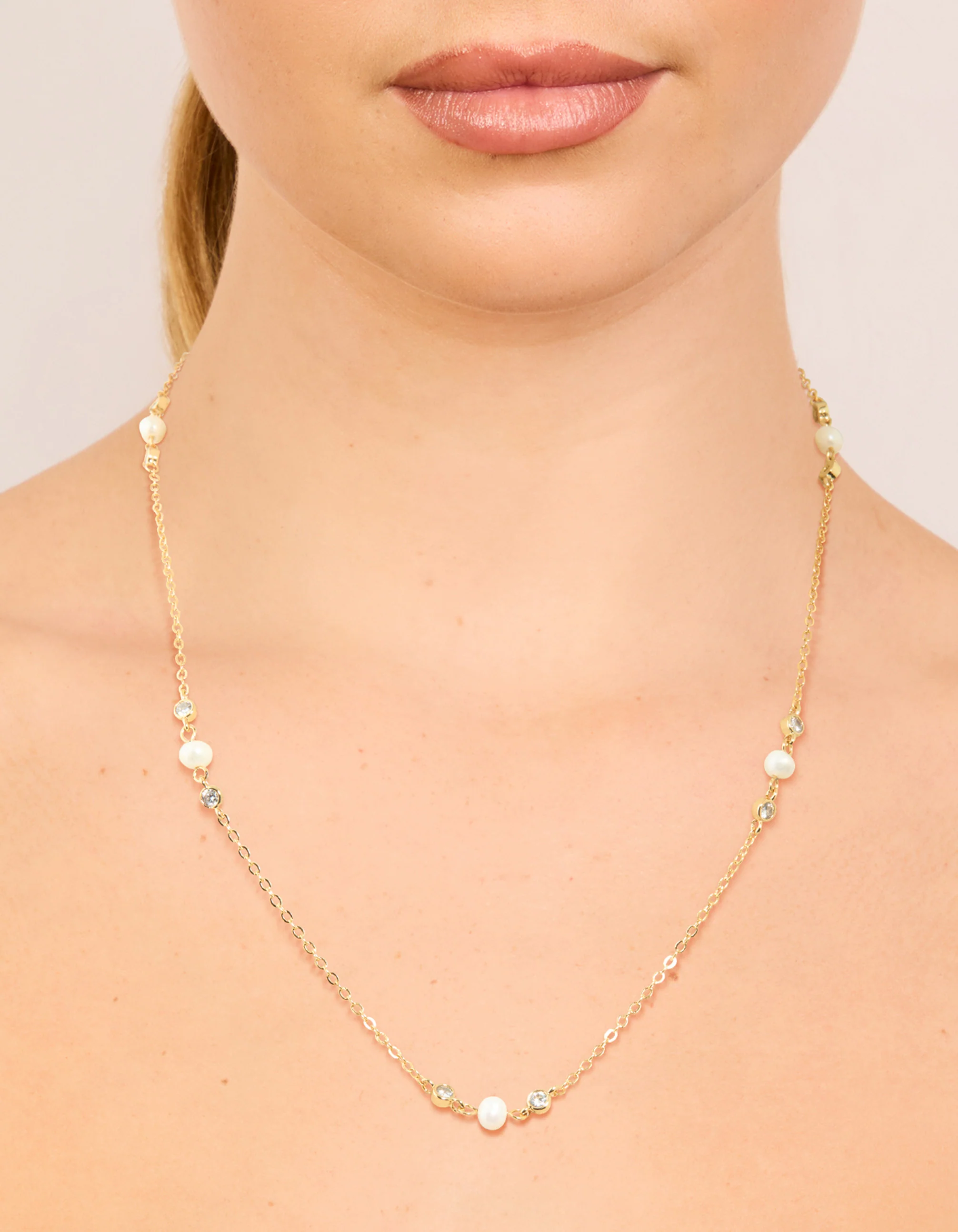 Gold Plated Cubic Zirconia & Freshwater Pearl Dainty Station Necklace - Image 6