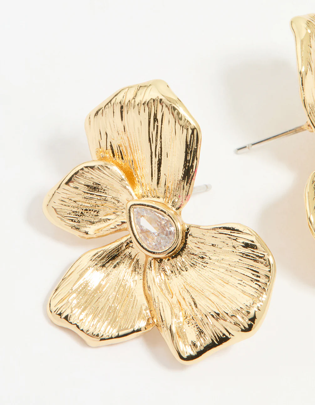Gold Plated Cubic Zirconia Half Textured Flower Earrings - Image 2