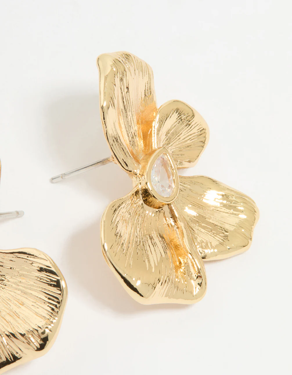 Gold Plated Cubic Zirconia Half Textured Flower Earrings - Image 3