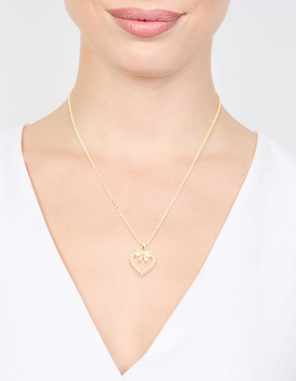 Gold Plated Cubic Zirconia Heart & Bow Pendant Necklace - Image 2