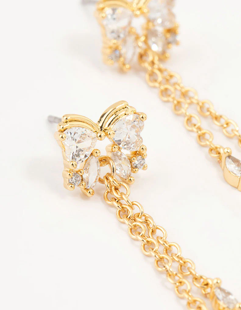 Gold Plated Cubic Zirconia Heart & Butterfly Chain Earrings - Image 4