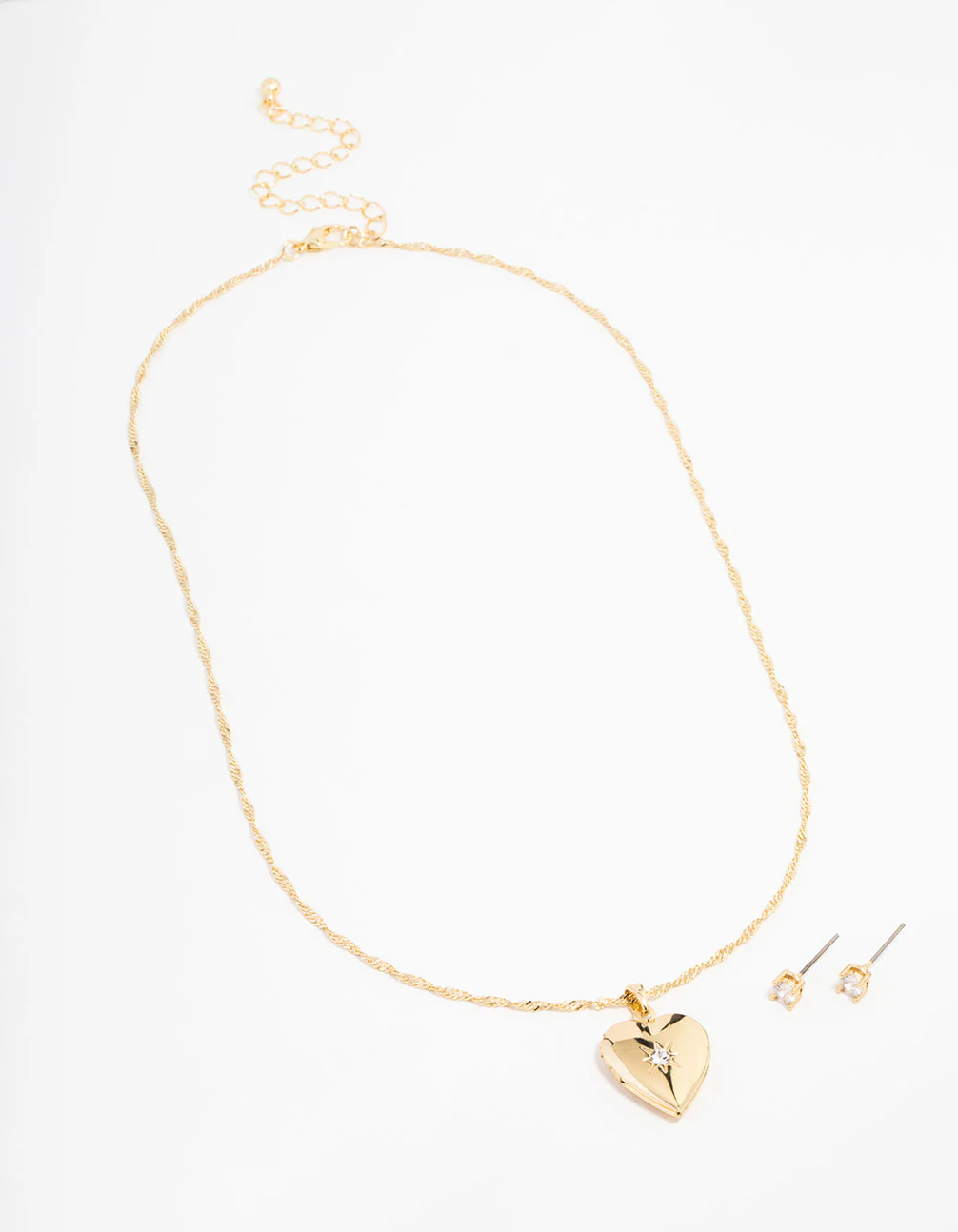 Gold Plated Cubic Zirconia Heart Locket Necklace & Stud Earrings Set - Image 2